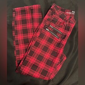 Hot Topic HT Denim Red & Black Plaid‎ Hi-Rise Super Skinny Jeans Sz 7